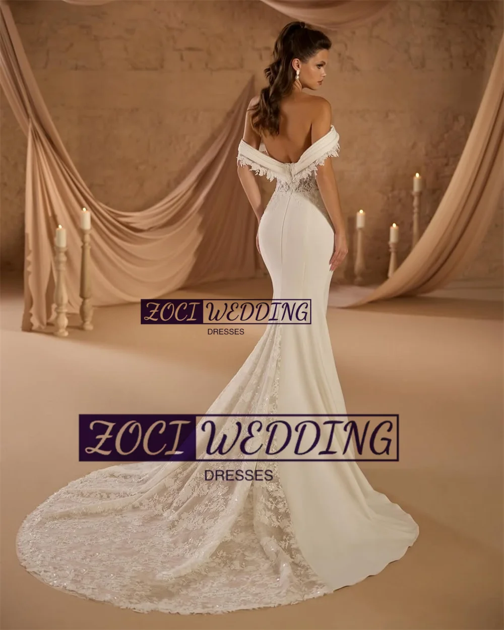 Zoci Schatz-Meerjungfrau-Brautkleid, schulterfrei, elastisches Satin-Spitze-Brautkleid, maßgeschneidertes, rückenfreies Strand-Boho-Brautkleid