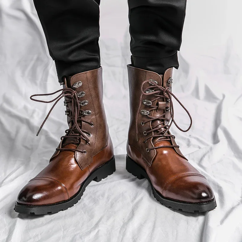 Ankle Boots for Men Brown Black Business Round Toe Lace-up Pu Mens Boots  Size 38-48  Motorcycle Boots