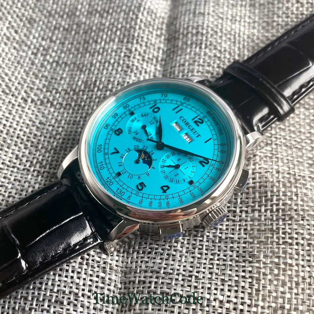 Corgeut Mannen Automatische Horloge 42Mm Dag Datum Maand Kalender Blue Dial Mechanische Horloge Dag/Nacht Lederen Band glas Terug