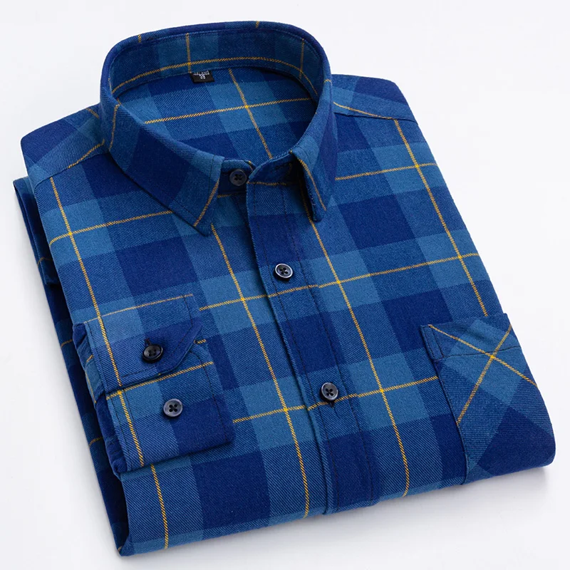 New Spring Autumn 100% Cotton Flannel Plaid Mens Shirts Casual Long Sleeve Regular Fit Dress Shirts For Man Clothes 6XL 5XL 4XL