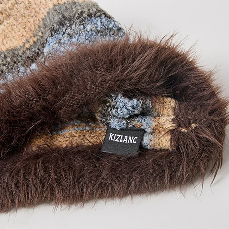 Colorful Plush Women Winter Hat Knitted Warm Baggy Beanie Outdoor Windproof Ladies Girls Ear Protection Cap