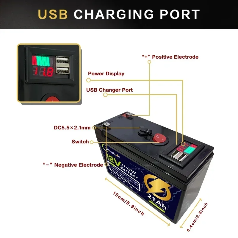 12V 21Ah Lithium 6000+Cycles Rechargeable Battery for Solar/Wind Power,Lighting,Small UPS,Power Wheels,Fish Finder,Built-in BMS