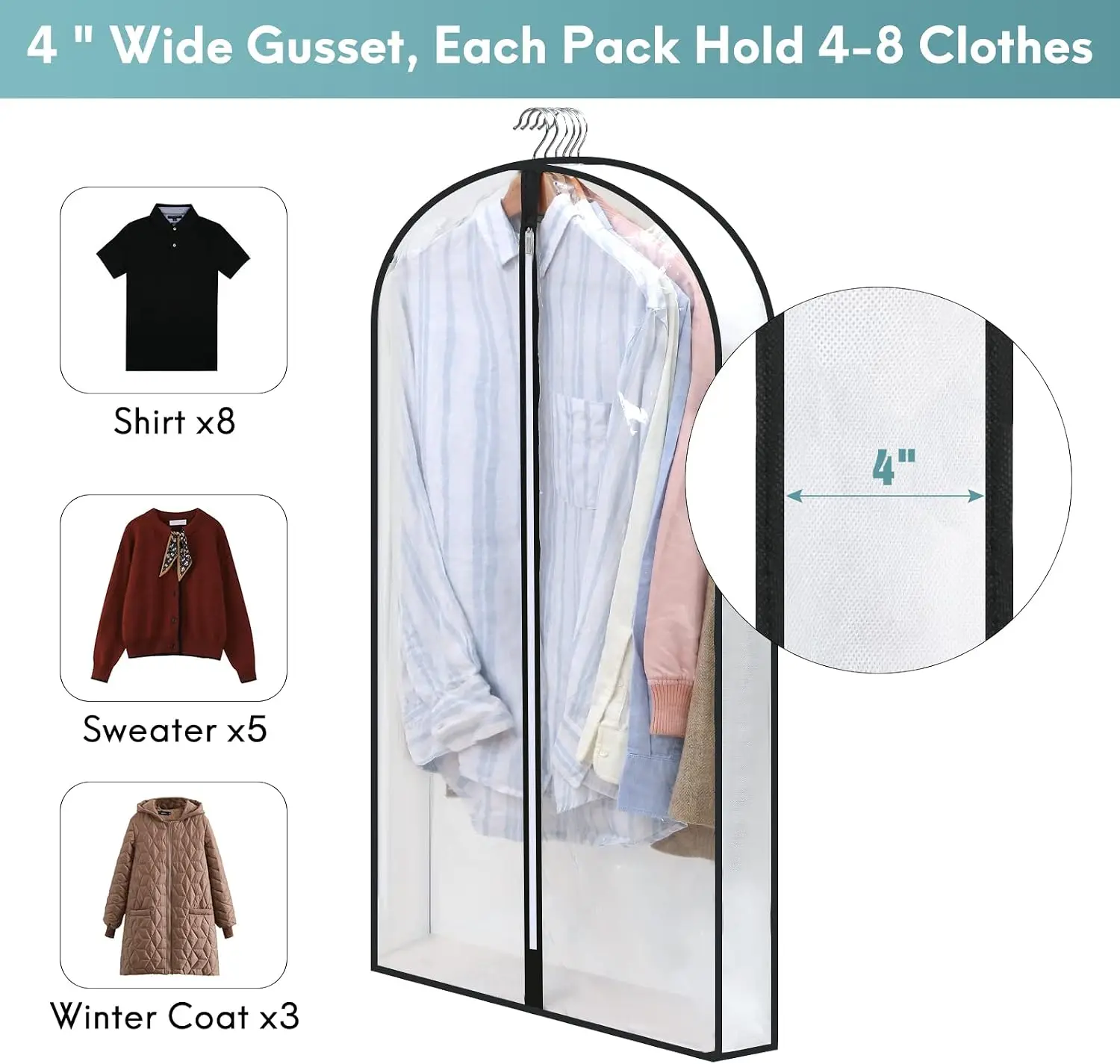 4 Pack Clear Garment Bags for Hanging Clothes with 4 Inch Gusset, Zippered Suit Covers for Closet Storage, Protects Coats