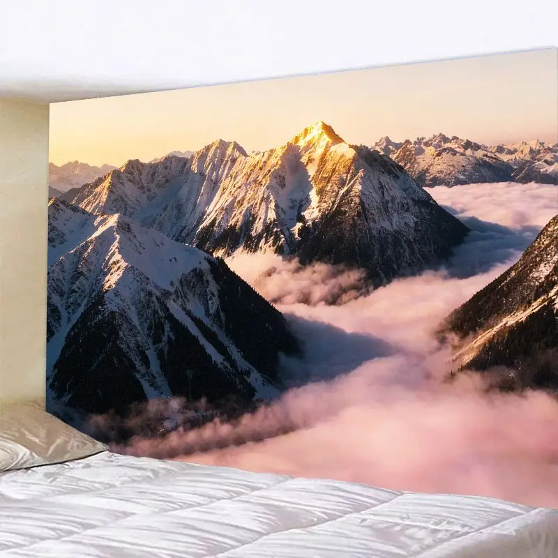 VIKAMA Dawn Glow Snowy Mountain Tapestry - Golden Light Top Pink Cloud Valley Wall Blanket