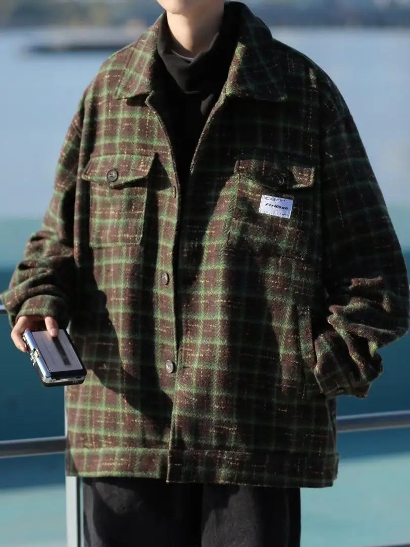 

Retro American Tweed Coat Men's Loose Fit Cheered Collar Long Sve Warm Winter Outerwear Youthful Sle Polyester Fiber