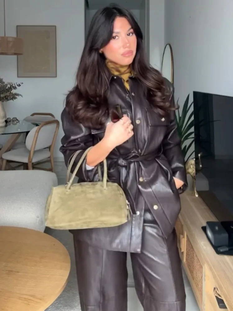 HH سترات نسائية للخريف بياقة مقلوبة وحزام متين مزين بصدر واحد معاطف نسائية عصرية بأكمام طويلة في الشارع #5