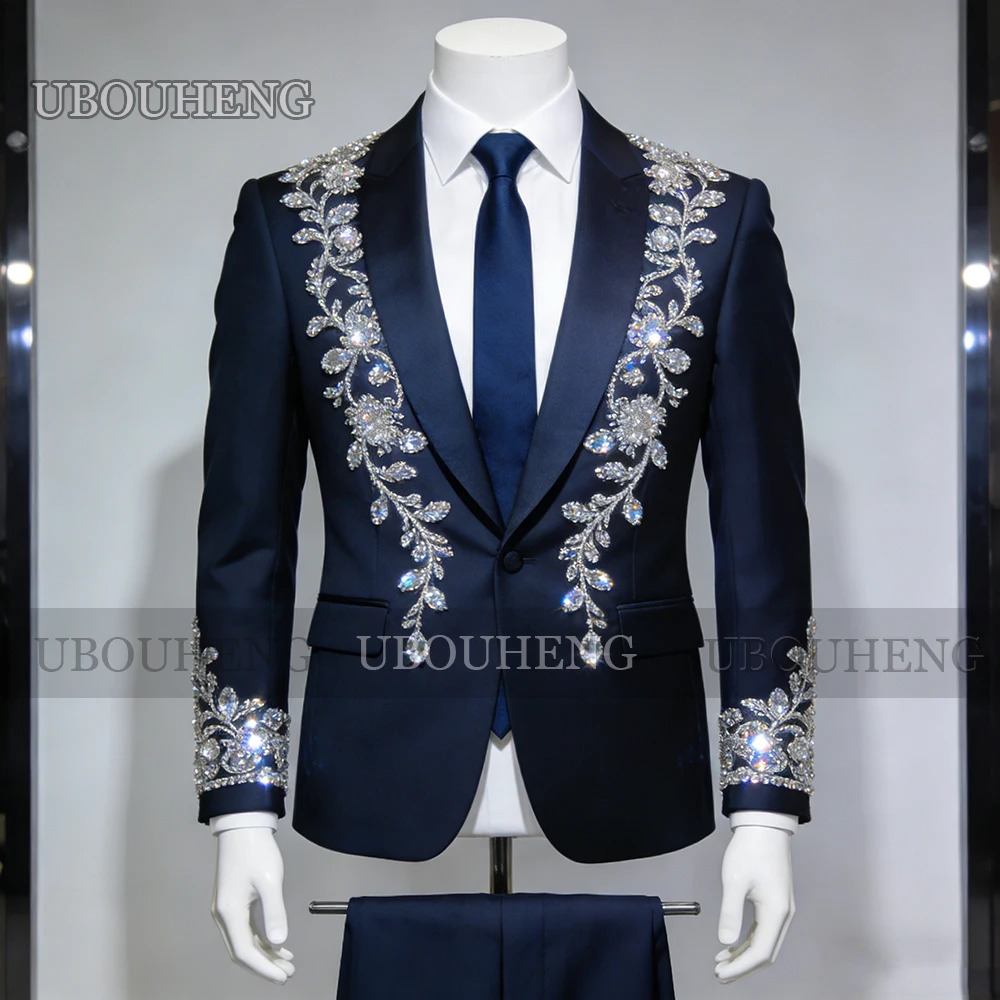 

Brilliant Beaded Crystals Suits Men For Wedding Shawl Label Prom Blazers Customized Groom Formal Party Tuxedos 2pcs Ropa Hombre