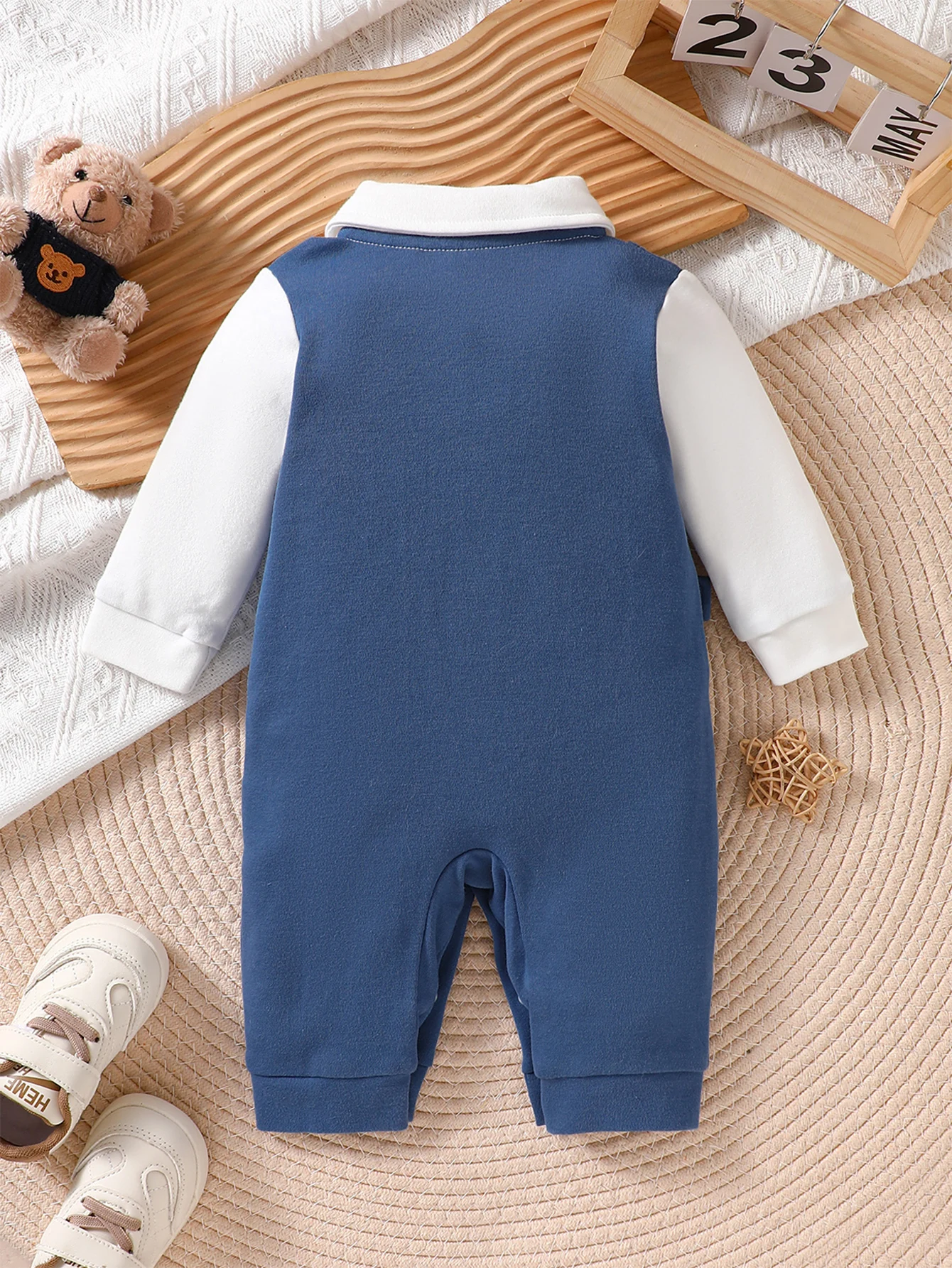 IURNXB Baby Boy Gentleman Romper Fake Vest Long Sleeve One-Piece Outfit with Bow Tie Formal Dress Jumpsuit for Infant 1-18M