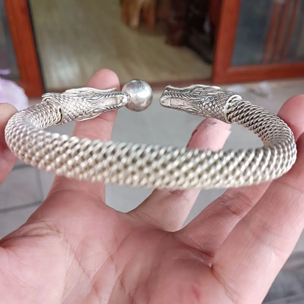 Exquisite Tibetan Silver Bangle Bracelets Mascot Sun Dragon Lucky Symbol Gem Bless Wrist Ornament