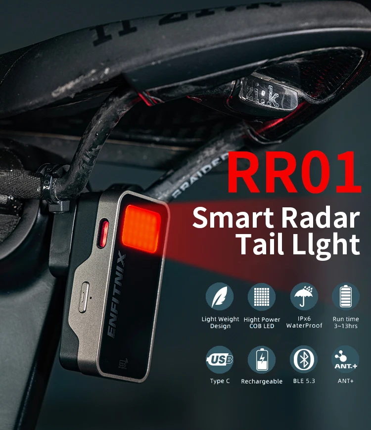 Luz traseira de bicicleta com radar inteligente - detecção de 140 m, 4 modos de flash, 750 mAh USB-C, IPX6 à prova d'água, dia/noite visível para ciclismo rodoviário