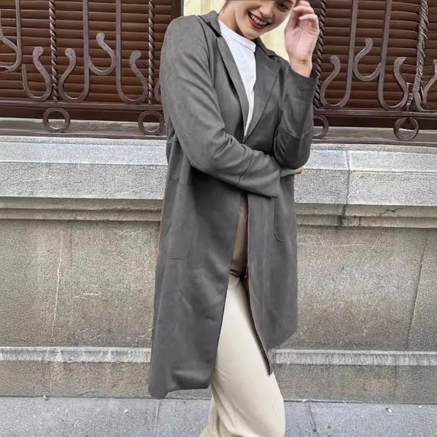 Women Autumn Winter Suede Notch Lapel Trench Coat Office Casual