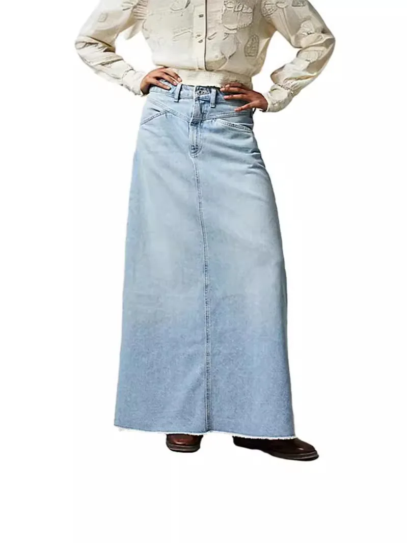 

Summer Denim Skirt Loose Straight Casual Pocketed Skirt High Waisted Buttoned Breathable Skirt A Line Retro Comfort Bottoms