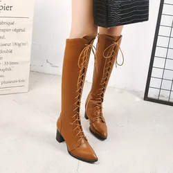 Women High Heels Knee High Boots Pointed Toe Zipper Lace-up High Boot Ladies Shoes Autumn Winter Tall Booties Custom 43 WSH5217