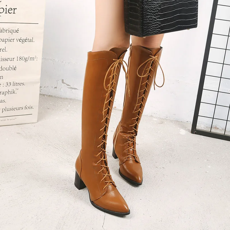 Women High Heels Knee High Boots Pointed Toe Zipper Lace-up High Boot Ladies Shoes Autumn Winter Tall Booties Custom 43 WSH5217