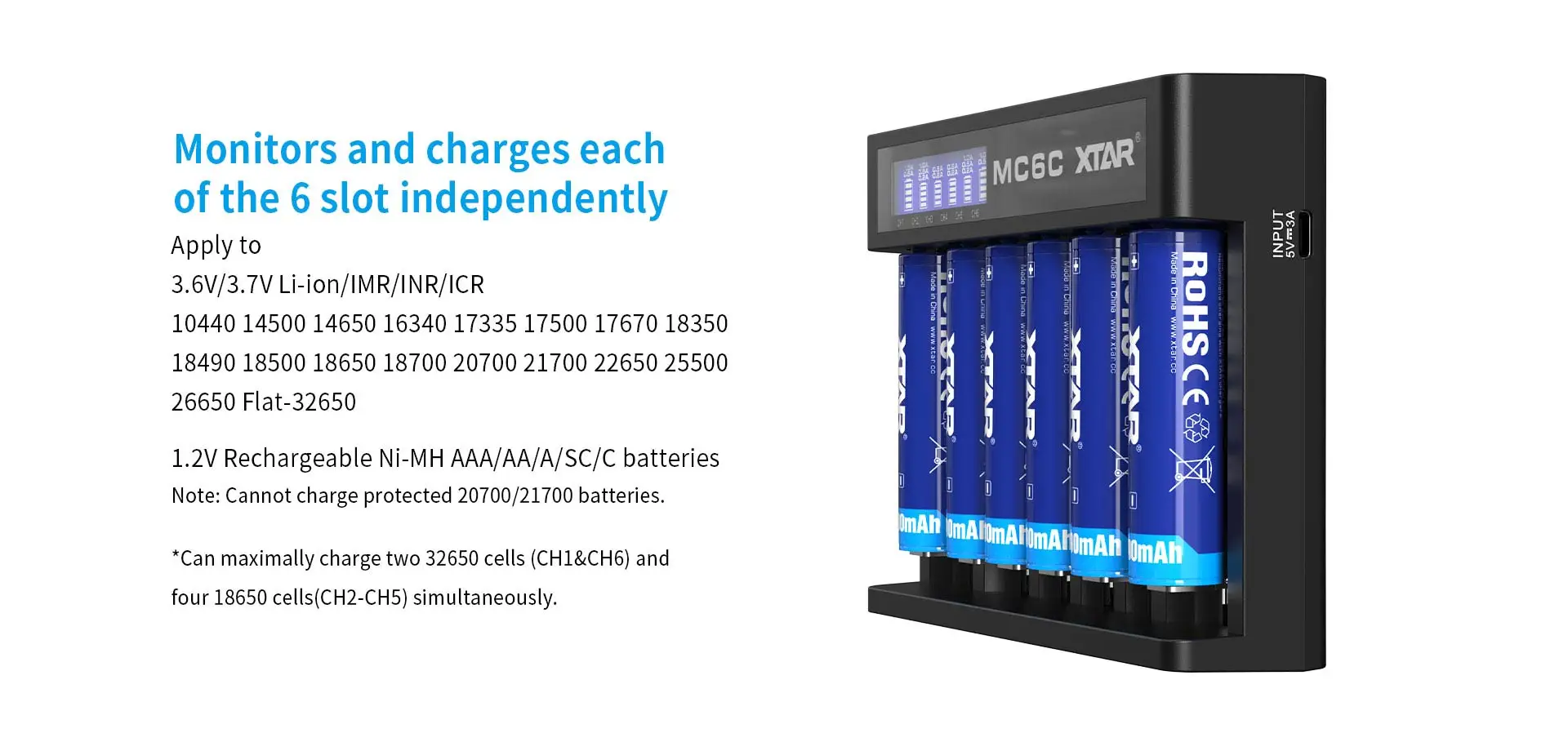 XTAR MC6C Charger 6 Slot LCD Smart Lithium Battery Charger USB-C & DC Input 3.6V Li-ion & Ni-MH Battery Charger