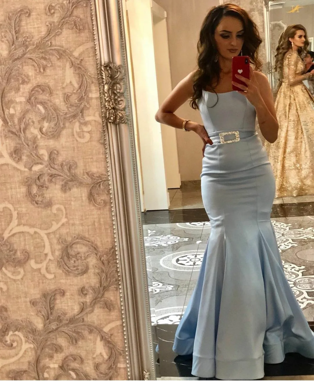 Long Blue Square Collar Satin Evening Dresses فساتين السهرة Mermaid Floor Length Pleated Prom Dress Robe de soirée for Women