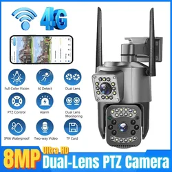 8MP WIFI IP Camera 4K PTZ Dual Lens CCTV Surveillance 4G Sim Card Camera Night Vision Auto Human Tracking Outdoor Waterproof Cam