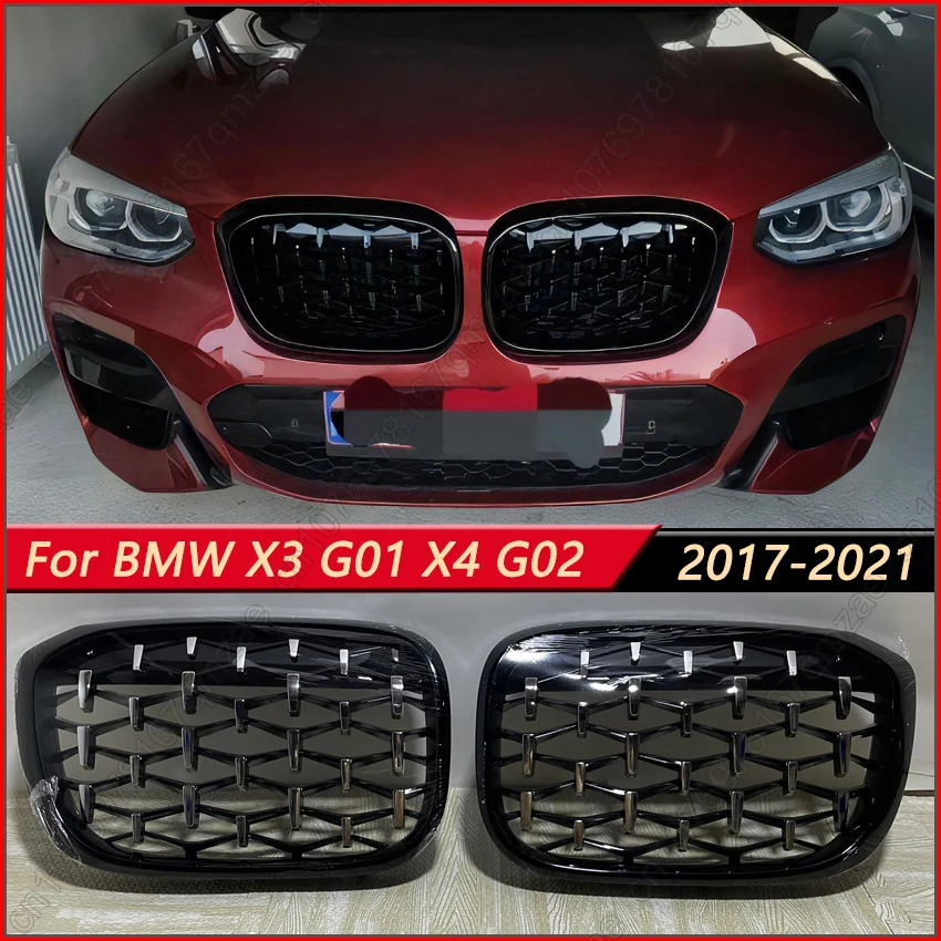 

1Pair Front Kidney Grilles Matte Gloss Black For BMW X3 G01 X4 G02 2017-2021 Replacement Racing Bumper Diamond Style Kits