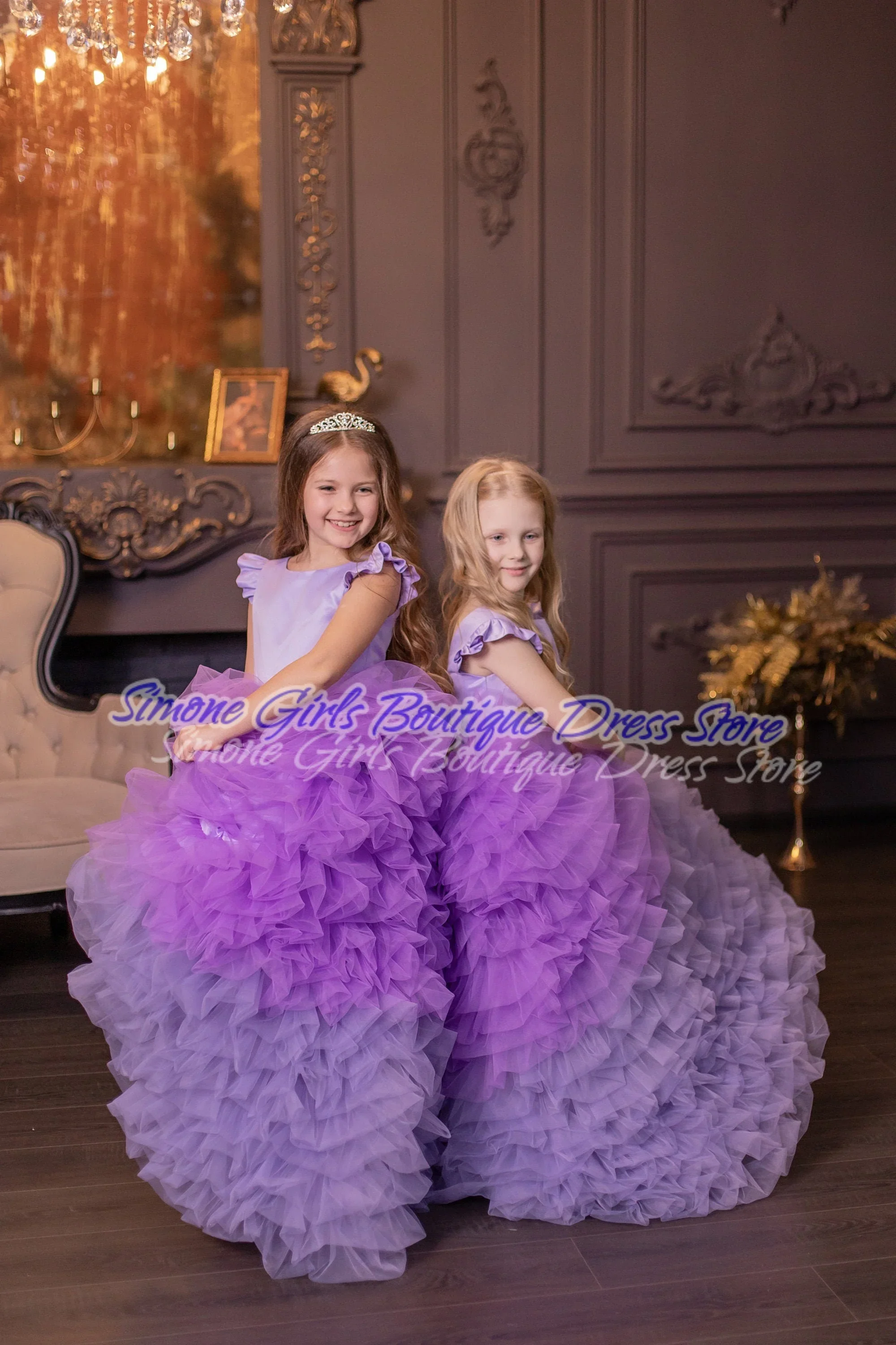 

Purple Puffy Skirt Contrast Lace Pleated Skirt Flower Girl Dress for Beauty Pageant Dance Performances Holiday Celebrations