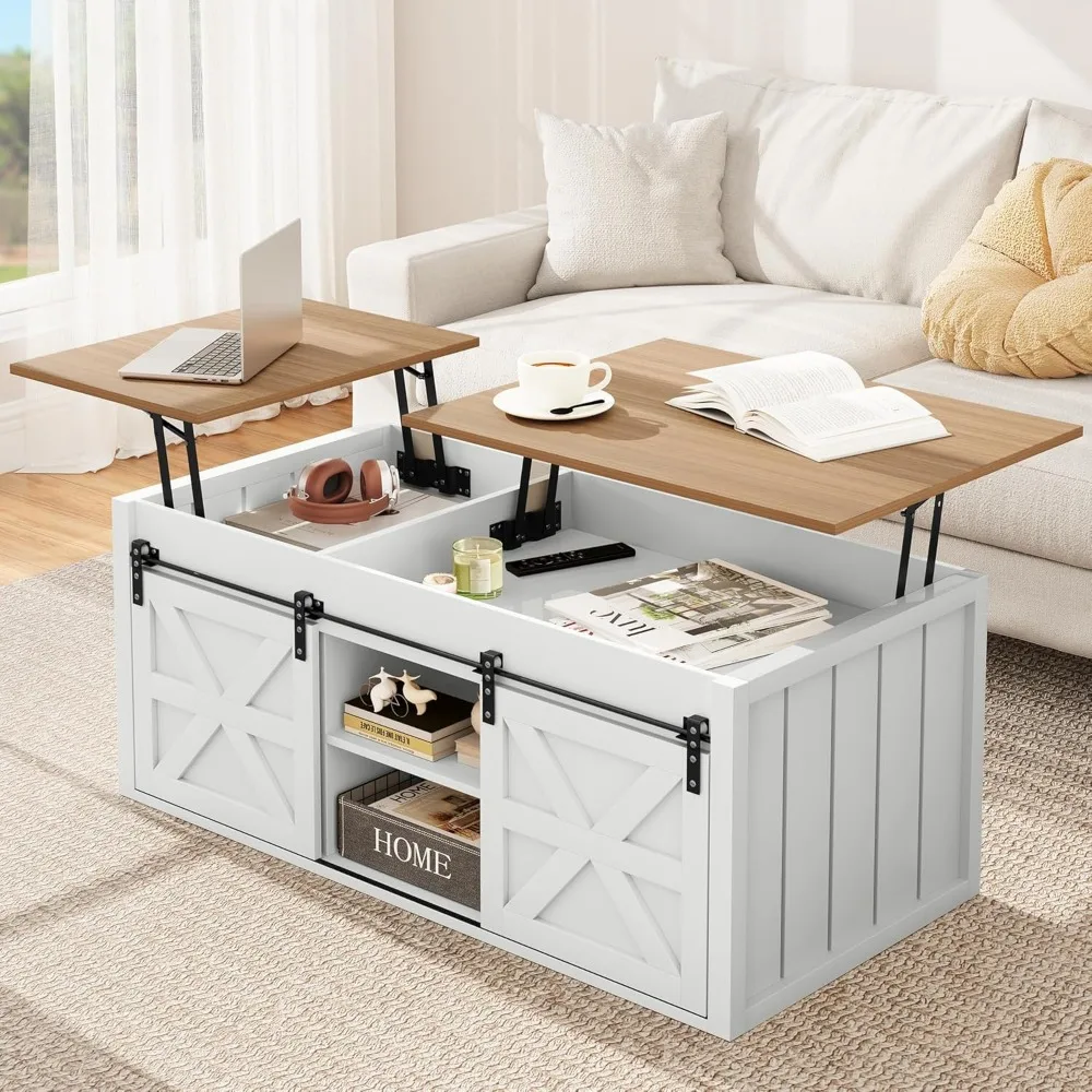 Lift Top Coffee Table: Farmhouse Coffee Table with Sliding Barn Door, Coffee Table with Hidden Storage Compartments for Living