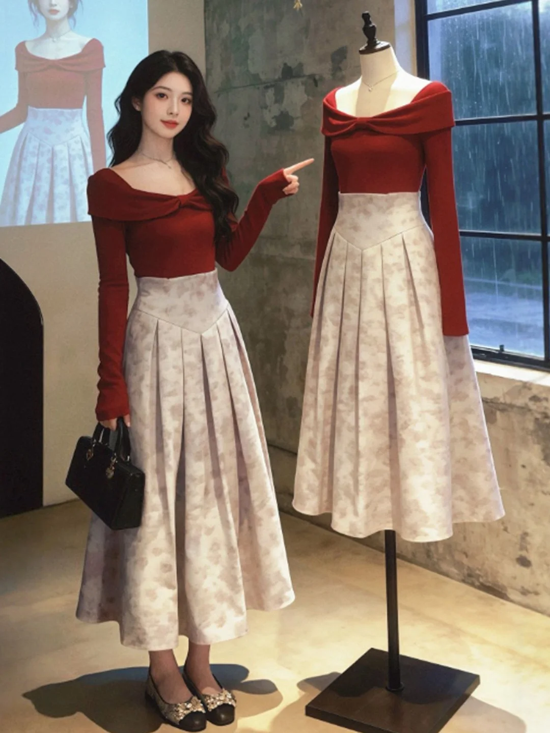 

Retro Unique Red Knitted Top And Skirt Set Ele Clete Outfit Ootd Spring Faion Women's Comfortable Long Sve Set