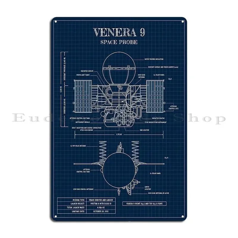 Venera 9 Space Probe Navy Blueprint Vertical Metal Sign Club Cave Garage Cinema Designer Tin Sign Poster