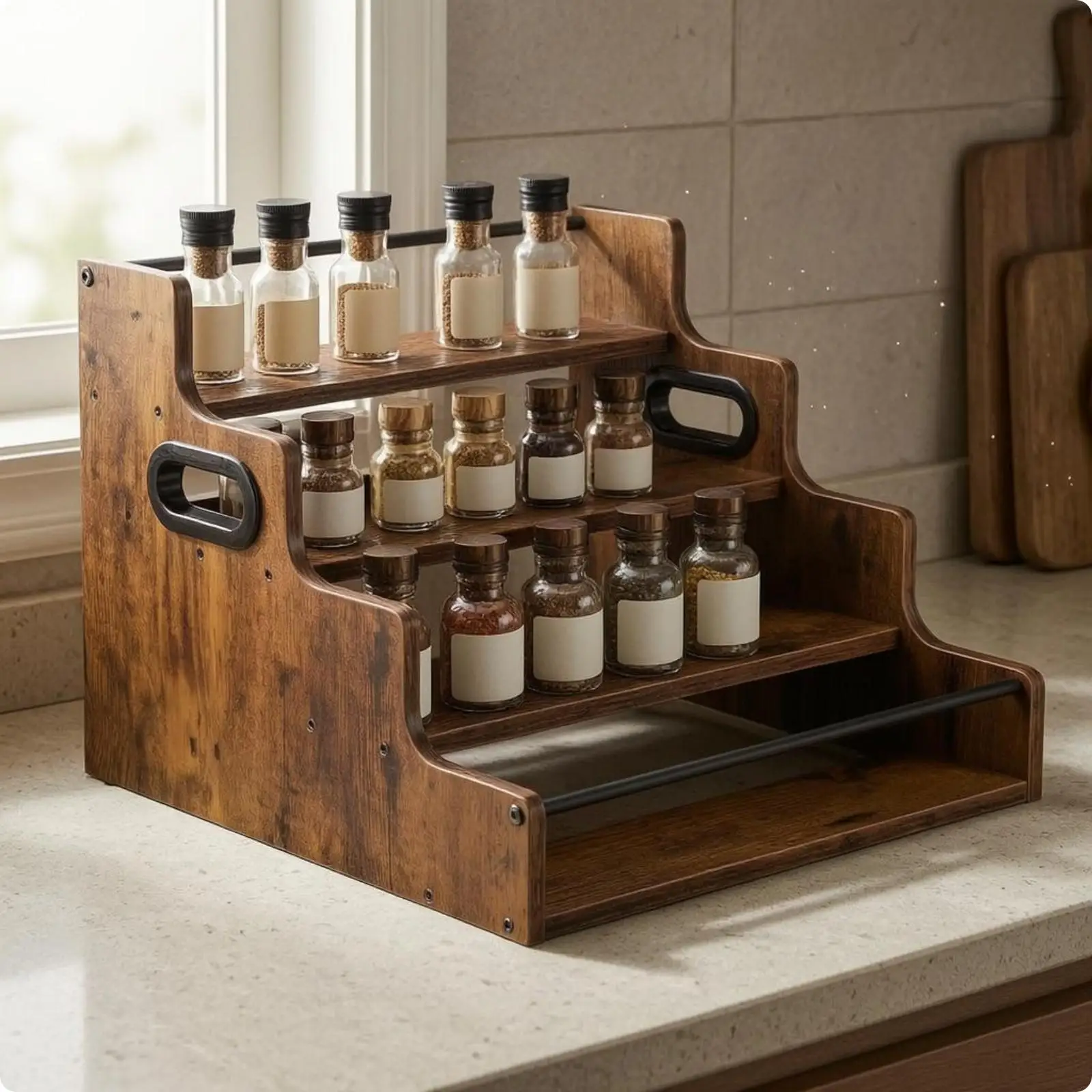 Wooden Multi Tier Display Rack with Rustic Finish Bottle Shelf Wine Rack Organizer for Home Bar Countertop