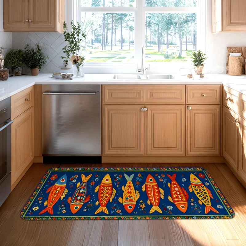 VIKAMA Vintage Floral Folk Art Colorful Fish Kitchen Runner Rug Non Slip Washable Anti Fatigue Hallway Floor Mat Home Decor