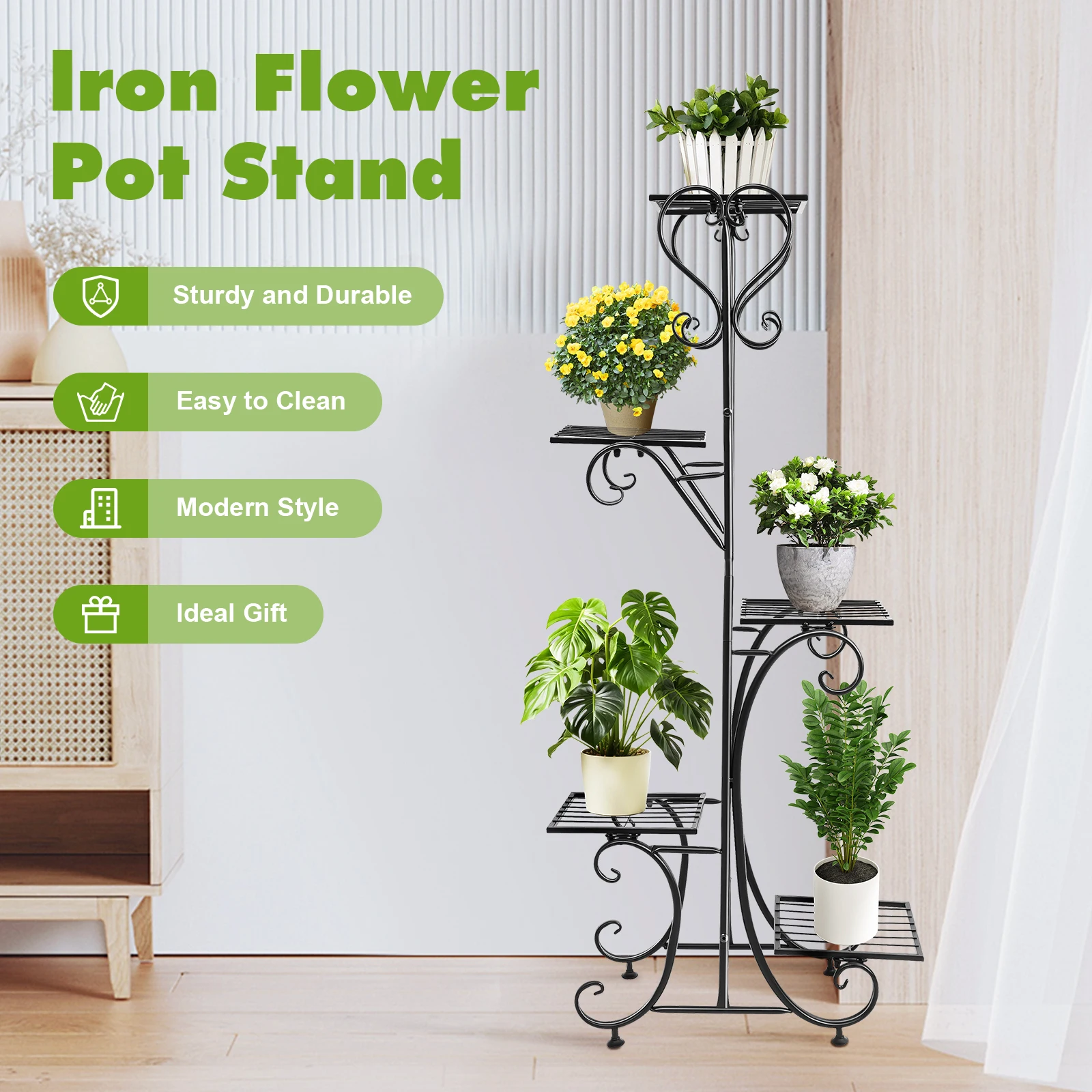 

5-tier Flower Pot Stand Black Iron 5 Trays Modern Floor Standing 10kg Each Tray Baking Paint Assembly Required