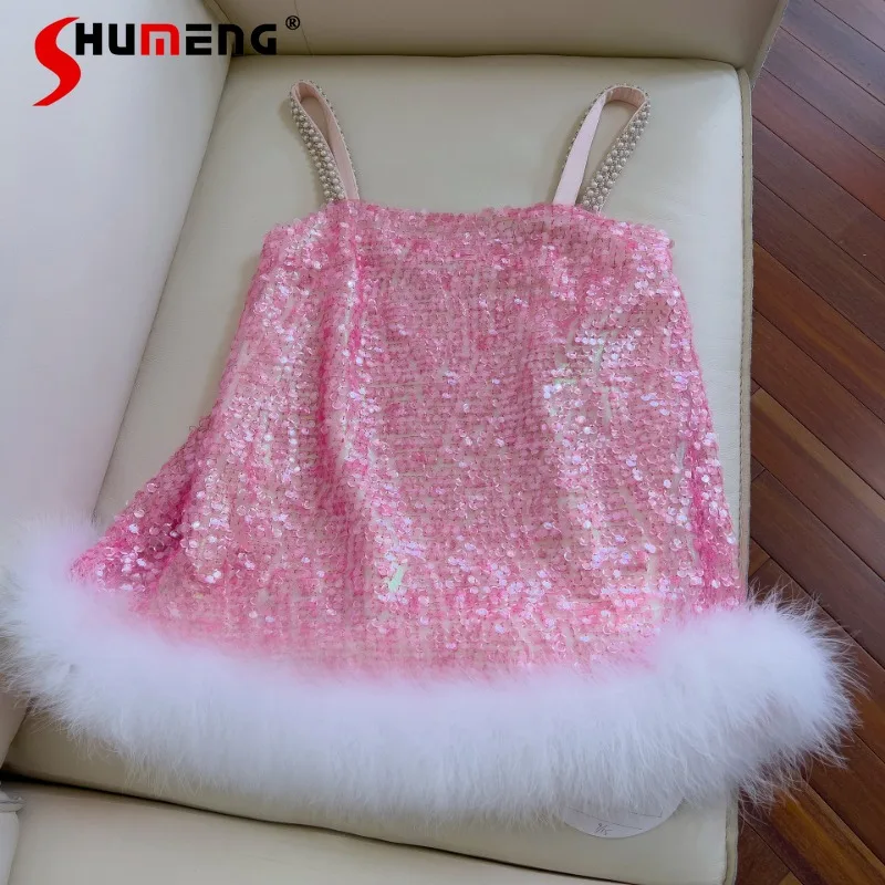 2024 New Spring Cute Pink Sequined Suspender Princess Dress Daily Wearable Temperament Dresses Women's Strap Sleeveless Vestidos