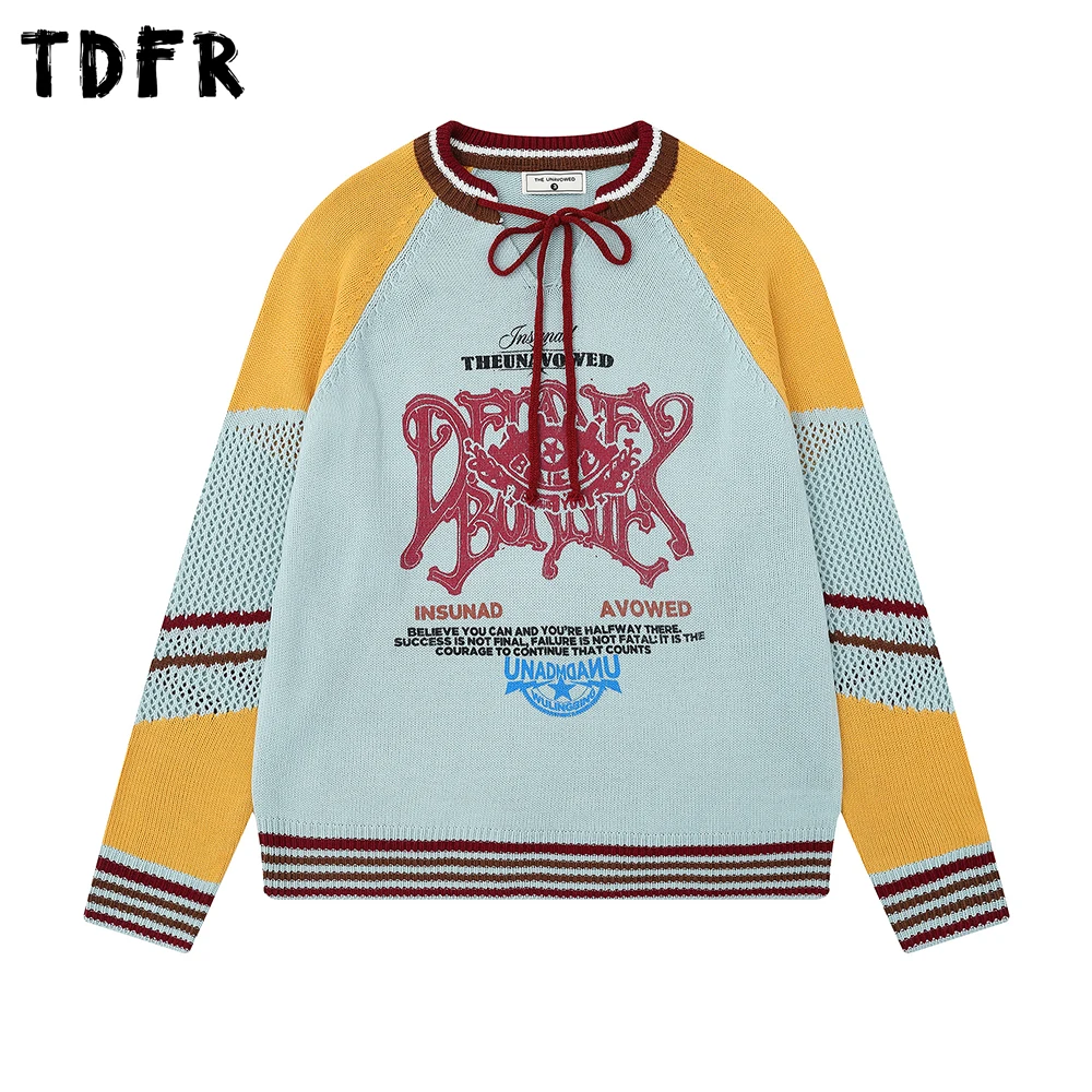 

Contrast Paneled Knitted Sweater Mens Letter Print Autumn Winter Retro Casual Loose Long Sleeve Pullover Man