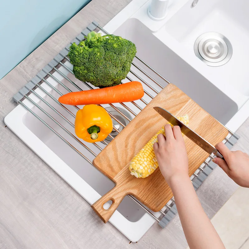 Stainless Steel Foldable Drain Roll-up Dry Tool, Kitchen Sink Storage Rack, Bowl and Tableware Storage, Fruit and Vegetable Drip