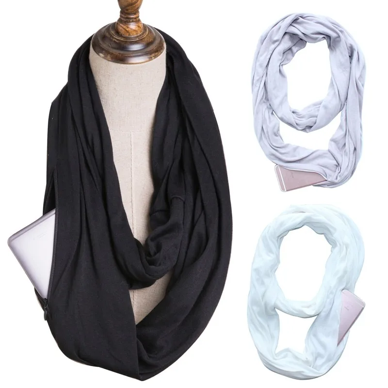 Solid Color Warm Scarf Women Couple Autumn and Winter Zipper Storage Convenient Neckerchief Neckerchief Scarf Zipper Scarf