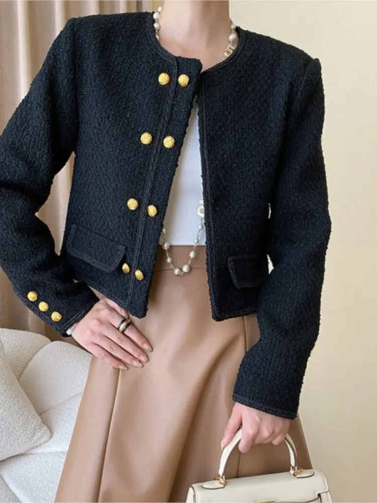 

Tweed coat a classic double row gold buckle autumn chic woven coat