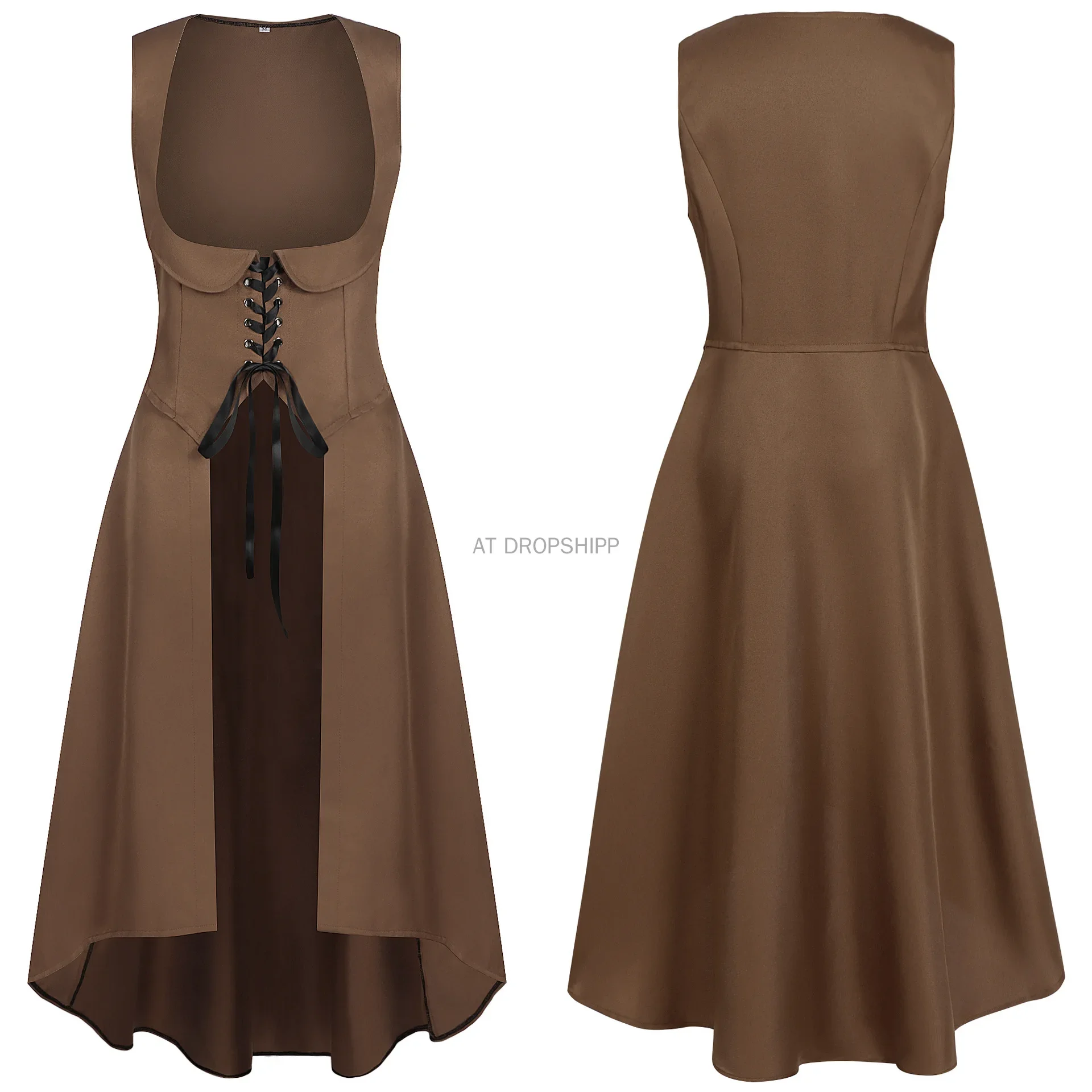 Middeleeuwse Renaissance Hoge Hals Mouwloos Halloween Retro Steampunk Zeemeermin Ontwerp Dames Lange Rok Cosplay