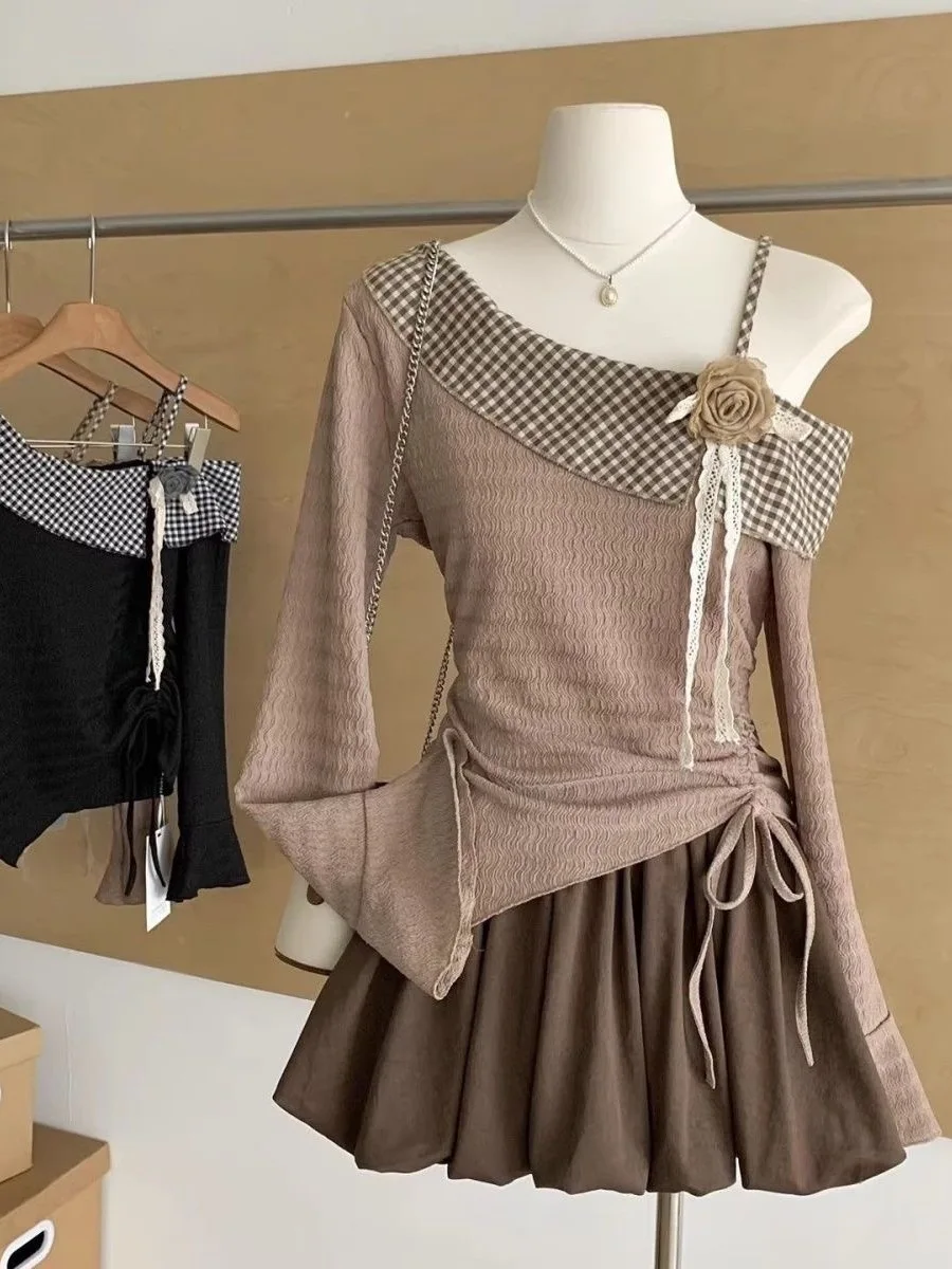 

Sweet Gentle Korean Sle Long Sve T-irt Women's Faionable Dstring Asymmetrical oulder Trendy Top for Autumn