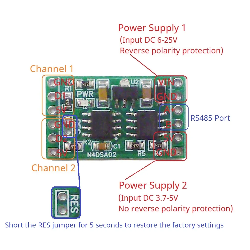 2CH -55 to +125C Modbus Temperature Sensor Module DS18B20 RS485 Adapter Board for PLC Paperless recorder Thermostatic Controls