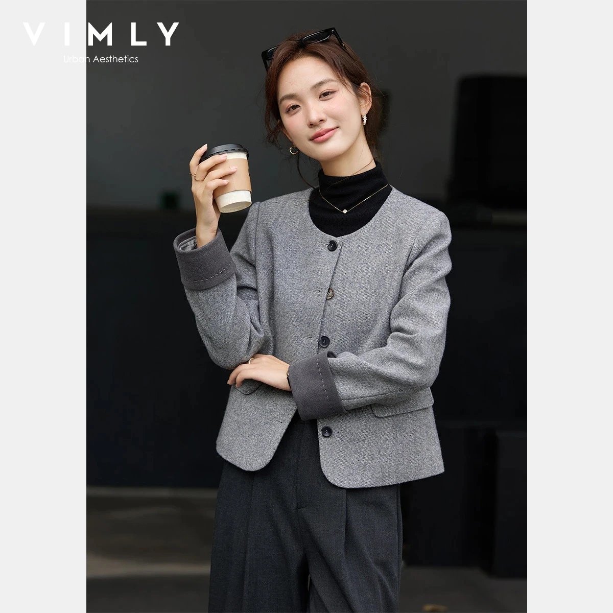 

VIMLY Gray Quilted Tweed Jacket for Women 2025 Winter Luxury Round Neck Wool Blend Coat Patchwork Thick Short Padded Coats A3122
