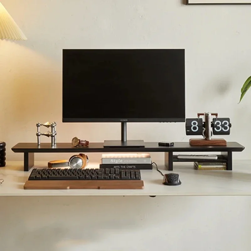 Black Solid Wood Monitor Base Office Height Increase Computer Desk Partition Storage Organize Shelf Multifunctional Laptop Stand