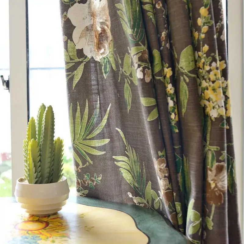 

Flower leaves American country dark curry cotton linen semi-blind living room bedroom study curtains wholesale