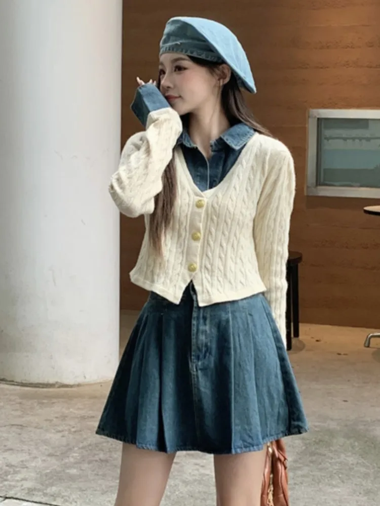 Korean Style Skirt Set 2 Piece Sets For Women Patchwork Knitted Fake Two Pieces Top Denim Skirt Slim Fashion Suit Spring Autumn