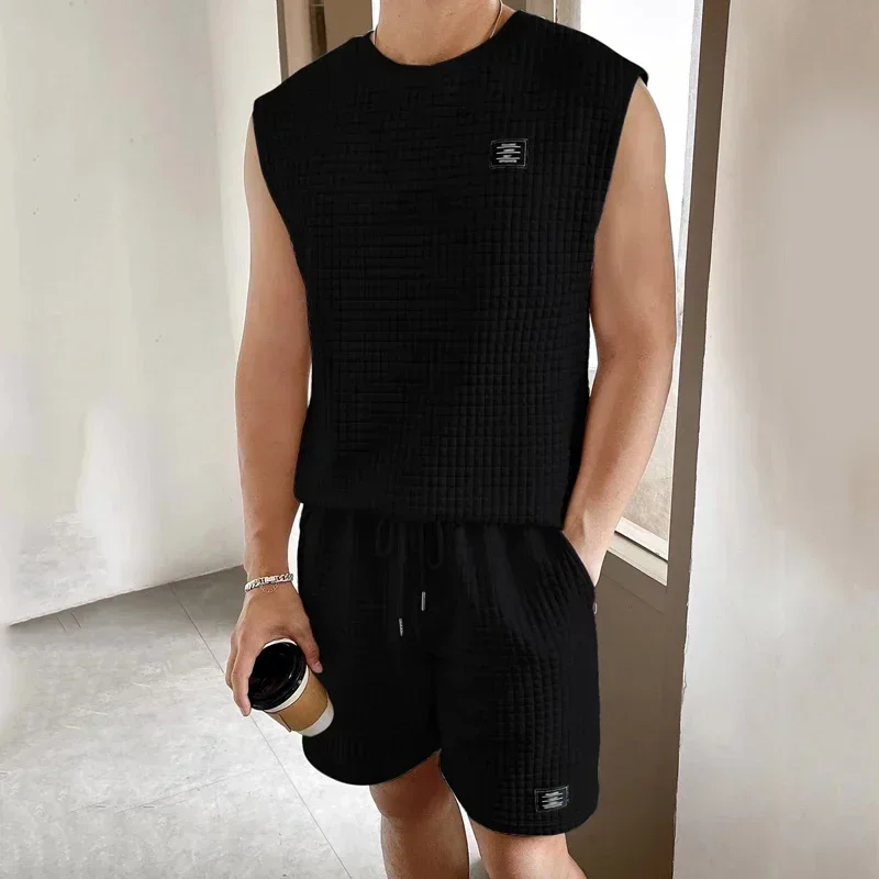 Summer New Suit Men Sleeveless Vest + Shorts Two Pieces Set Casual Sports Suit Male Fashion Trend Solid Color Jacquard Outfits