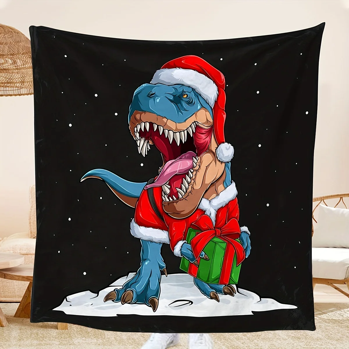 Christmas Dinosaur Print Flannel Blanket Soft Cozy Throw Blanket For Travel Sofa Bed Christmas Gift Blanket For Boys Girls Adult