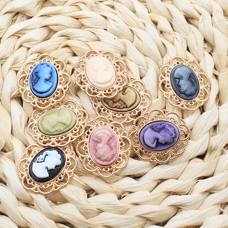 10Pcs 25*29mm Resin Beauty Head Alloy Round Buttons for Clothing DIY Accessories Encrusted Rhinestone Metal Dress Decorations