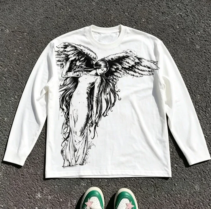 Unisex Gothic Wing Pattern Long Sleeved T-shirt Polyester Fiber Round Neck Loose T-shirt Street Wear Casua Oversized TShirt Y2k