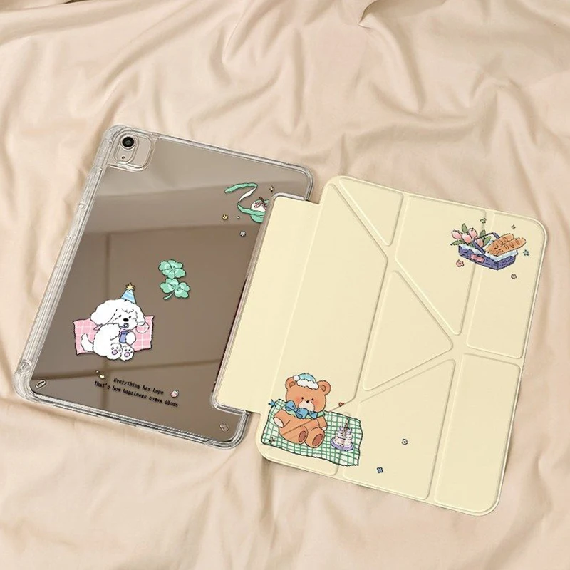 

Чехол INS Korean Bread Bear Dog для iPad Pro 11, 13 дюймов, iPad Pro 12.9 дюймов 2025, iPad Air 7, 10-го, 11-го поколений, M4, M5, 3-в-1, складной, с зеркалом, защитный чехол