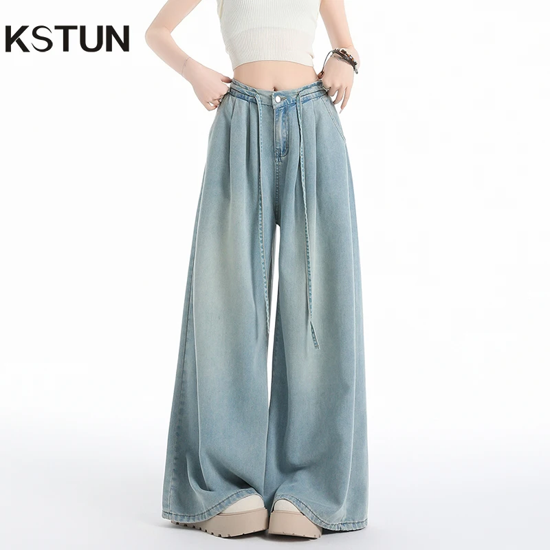 

KSTUN 2025 Summer Luxury Soft Cozy Lyocell Fabric Woman Jeans Loose Wide Leg Elastic Waist Pants Fashion Female Casual Trousers