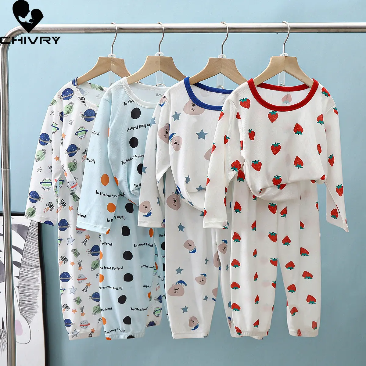 Kids Summer Dunne Pyjama Sets Nieuwe 2023 Jongens Meisjes Ijs Zijde Cartoon Lange Mouw T-shirt Tops Met Broek Baby nachtkleding Homewear