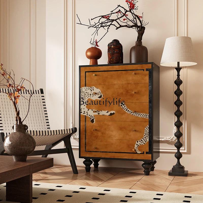 French solid wood chest of drawers, living room against the wall for storage, cabinet integrated aisle