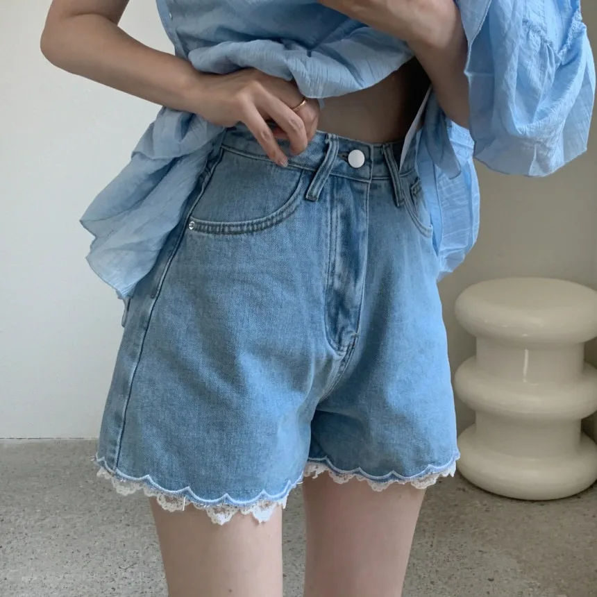 

Ретро джинсовые шорты с высокой талией, вышивкой и оборками, широкие, дышащие, удобные, из хлопка, для повседневной носки, летние